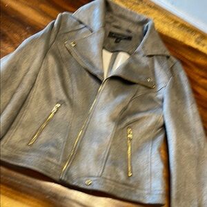 Marc New York Gray Leather Moto Jacket with Gold Zipper Details